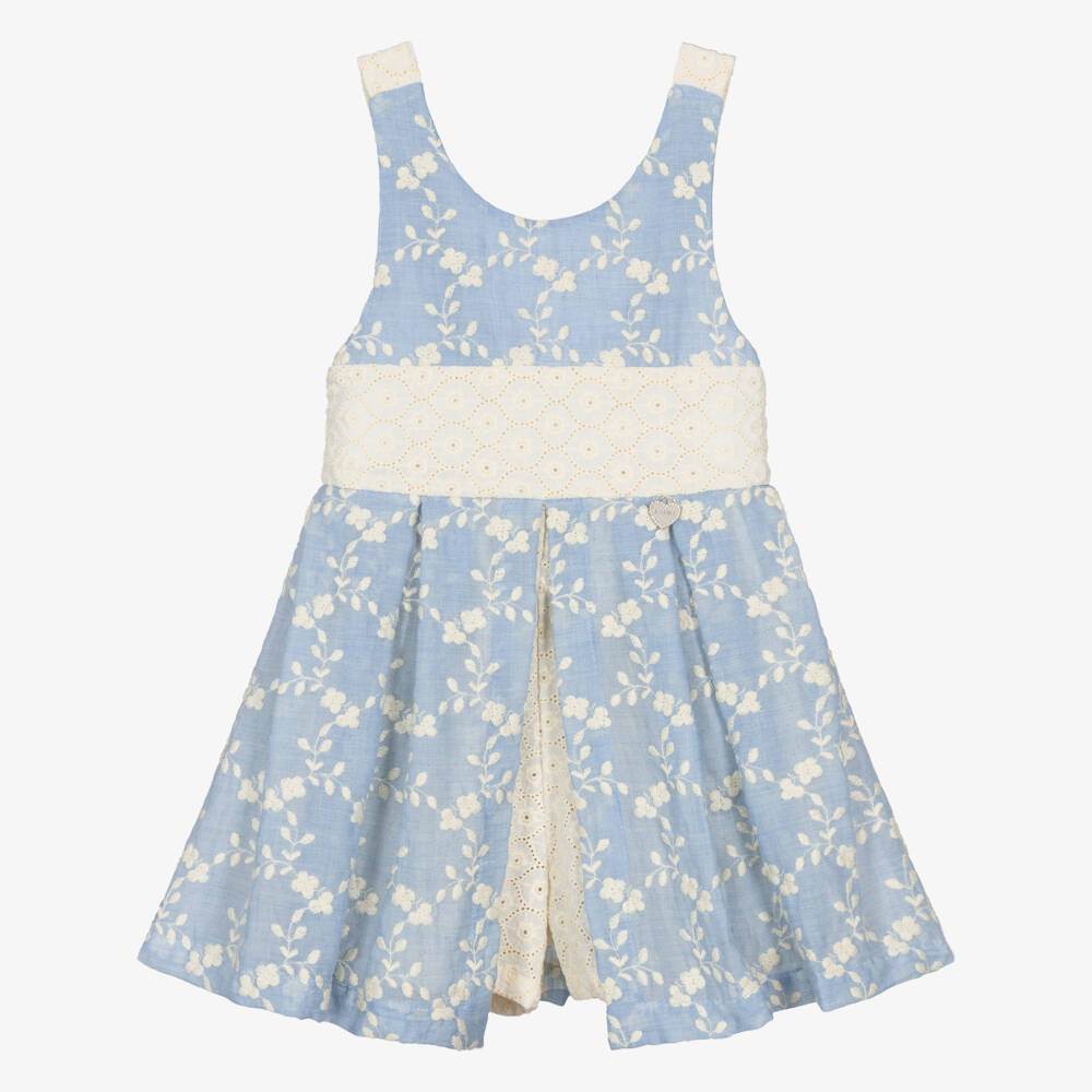 Lapin House-Girls Blue & Ivory Embroidered Playsuit with Broderie Anglaise | Childrensalon