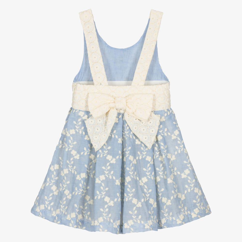 Lapin House-Girls Blue & Ivory Embroidered Playsuit with Broderie Anglaise | Childrensalon