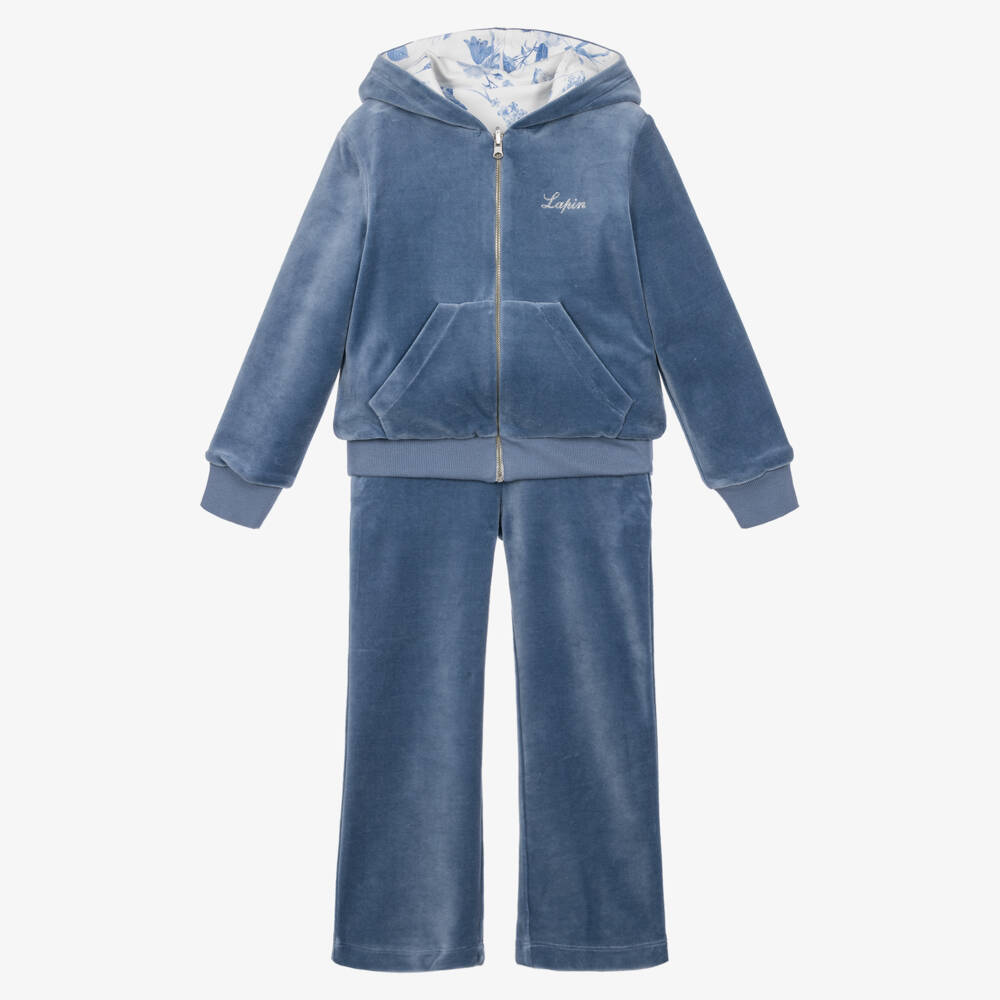 Lapin House-Girls Blue Velour Tracksuit with Reversible Top | Childrensalon