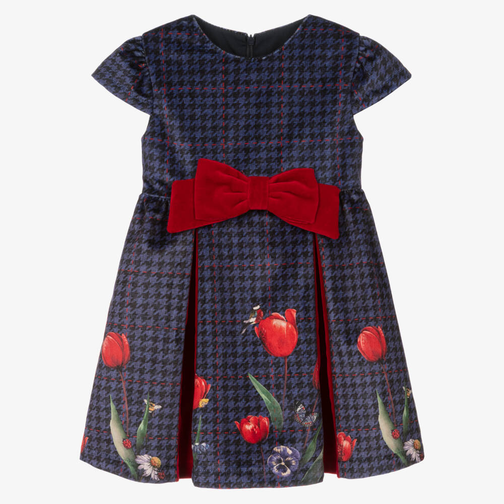 Lapin House-Girls Blue Velvet Houndstooth Dress | Childrensalon