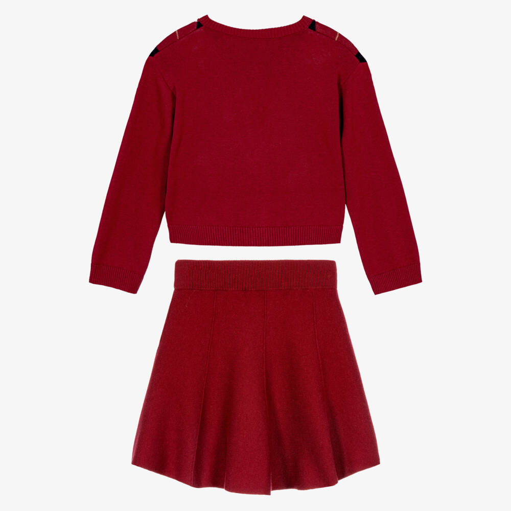 Lapin House-Girls Burgundy Red Argyle Knit Cardigan & Skirt Set | Childrensalon
