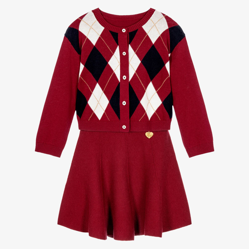 Lapin House-Girls Burgundy Red Argyle Knit Cardigan & Skirt Set | Childrensalon