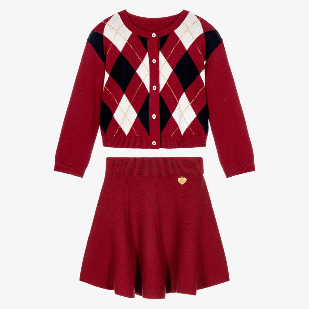 Lapin House-Girls Burgundy Red Argyle Knit Cardigan & Skirt Set | Childrensalon