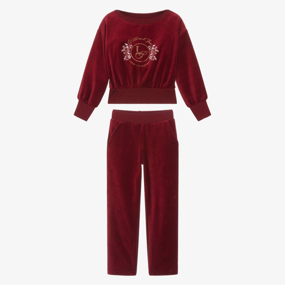 Lapin House-Girls Burgundy Red Velour Tracksuit | Childrensalon
