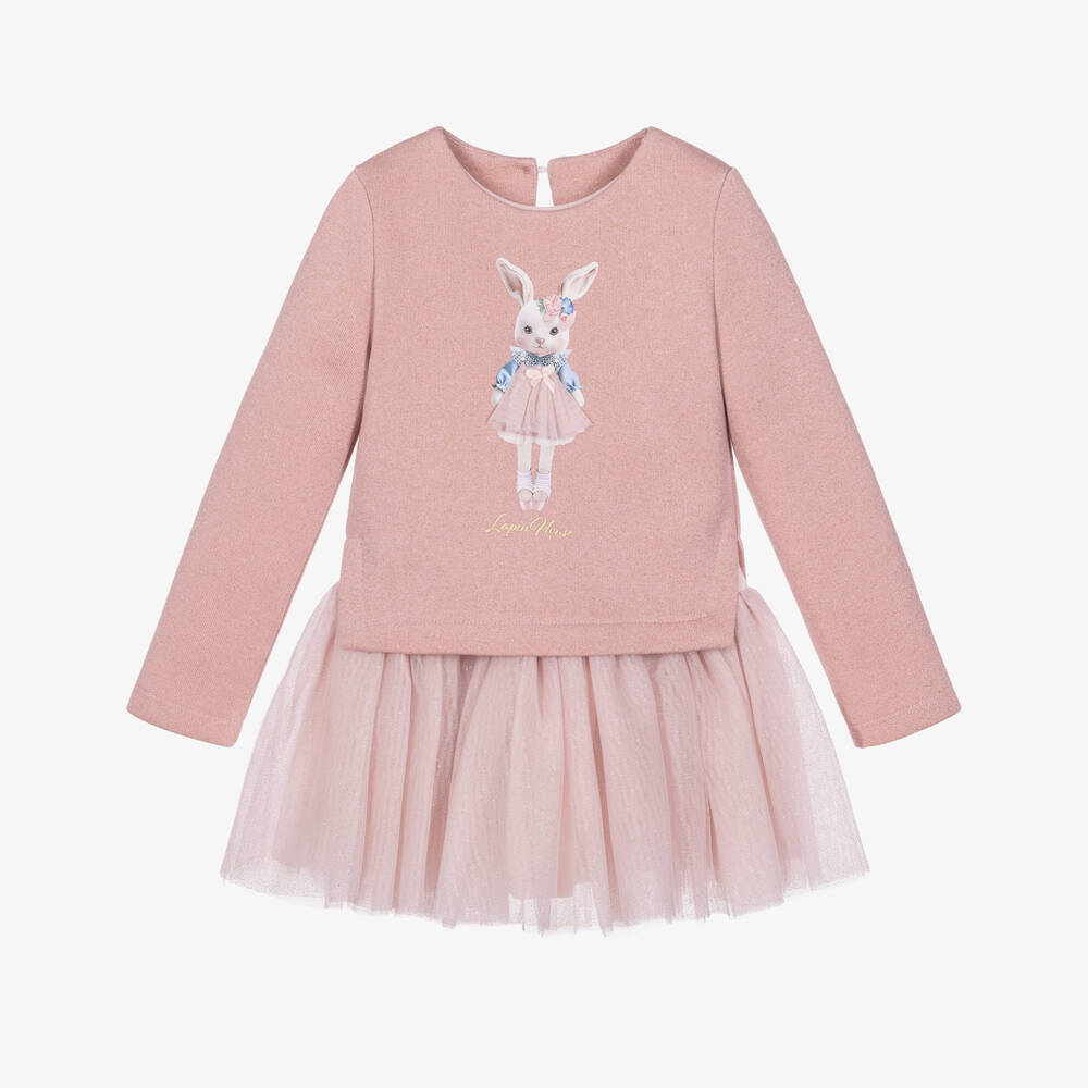 Lapin House-Girls Glittery Pink Ballerina Bunny Dress Set  | Childrensalon