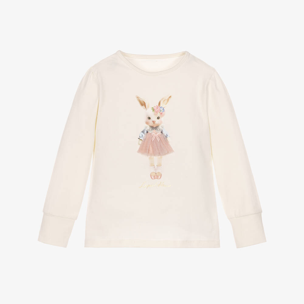 Lapin House-Girls Ivory Ballerina Bunny Print T-Shirt | Childrensalon