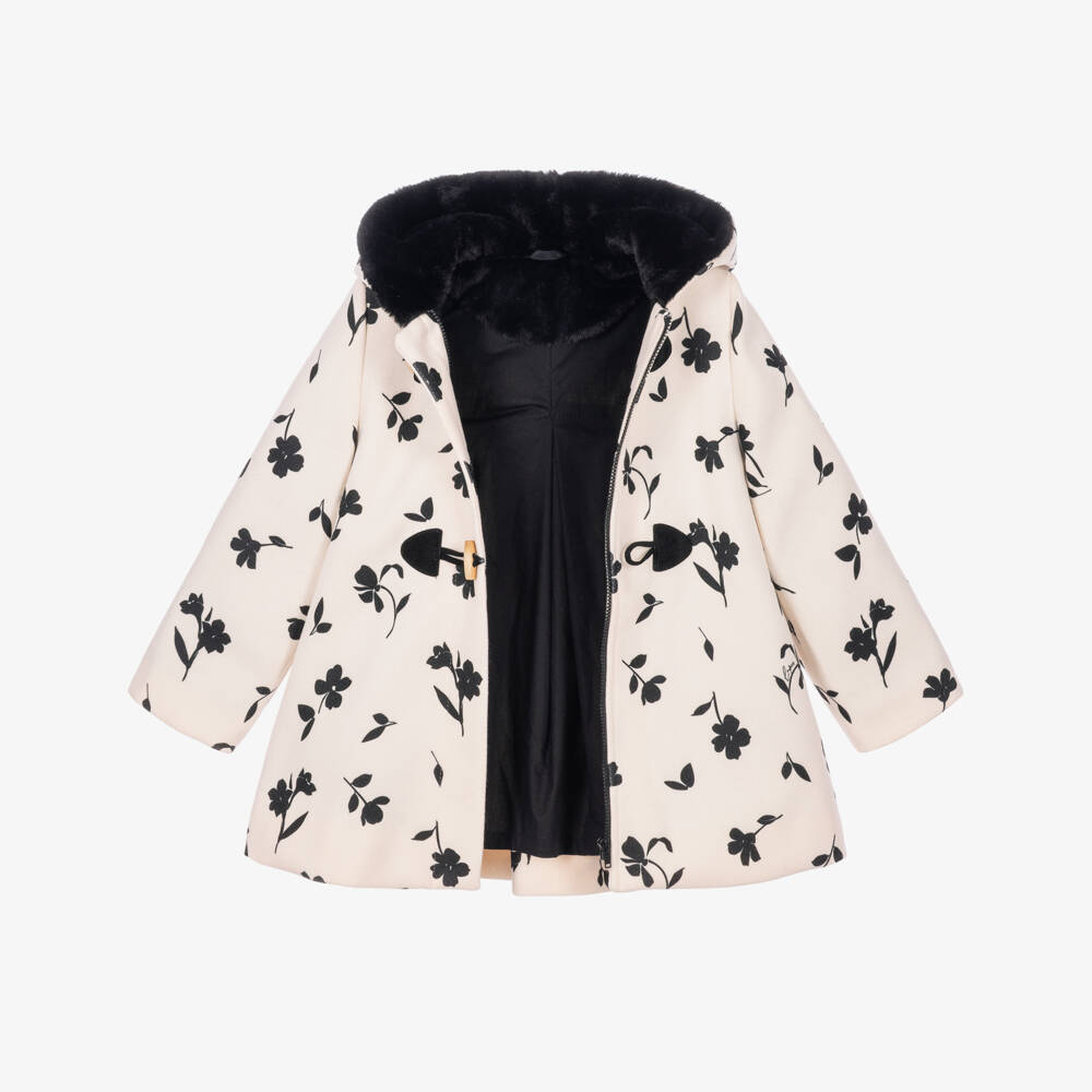 Lapin House-Girls Ivory & Black Floral Print Coat | Childrensalon