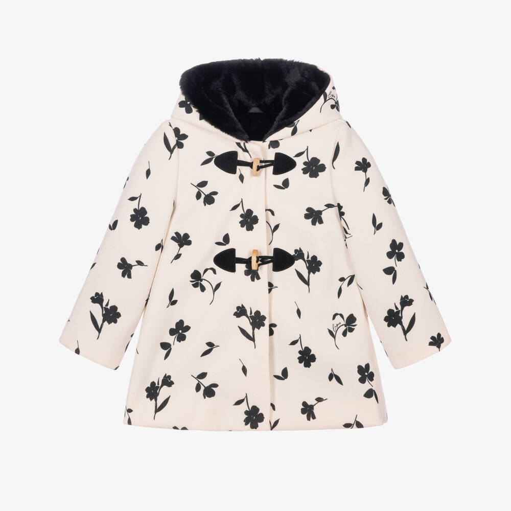 Lapin House-Girls Ivory & Black Floral Print Coat | Childrensalon