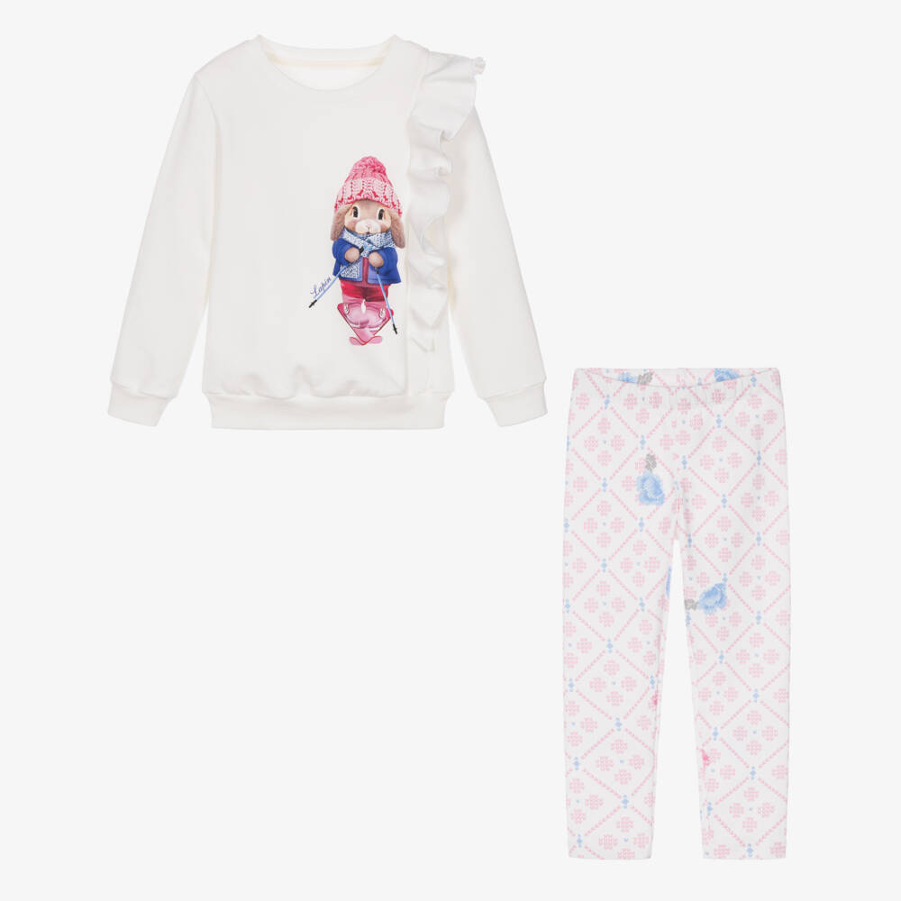 Lapin House-Girls Ivory Cotton Leggings Set with a Bunny Print | Childrensalon