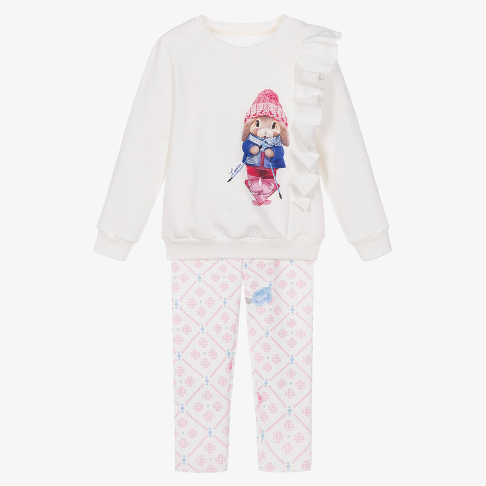 Lapin House-Girls Ivory Cotton Leggings Set with a Bunny Print | Childrensalon