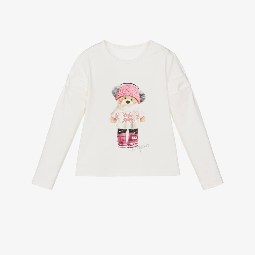 Lapin House-Girls Ivory Cotton Long Sleeve Top with Teddy Motif | Childrensalon