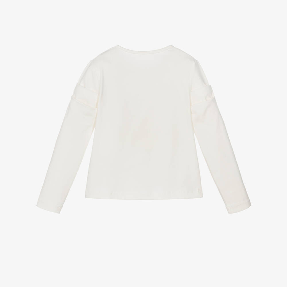 Lapin House-Girls Ivory Cotton Long Sleeve Top with Teddy Motif | Childrensalon