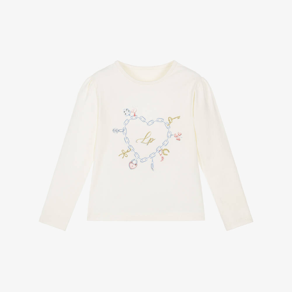 Lapin House-Girls Ivory Cotton Top with Chain Heart Print | Childrensalon