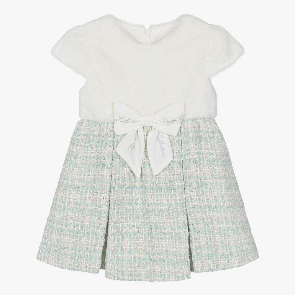 Lapin House-Girls Ivory Faux Fur & Mint Green Tweed Dress | Childrensalon