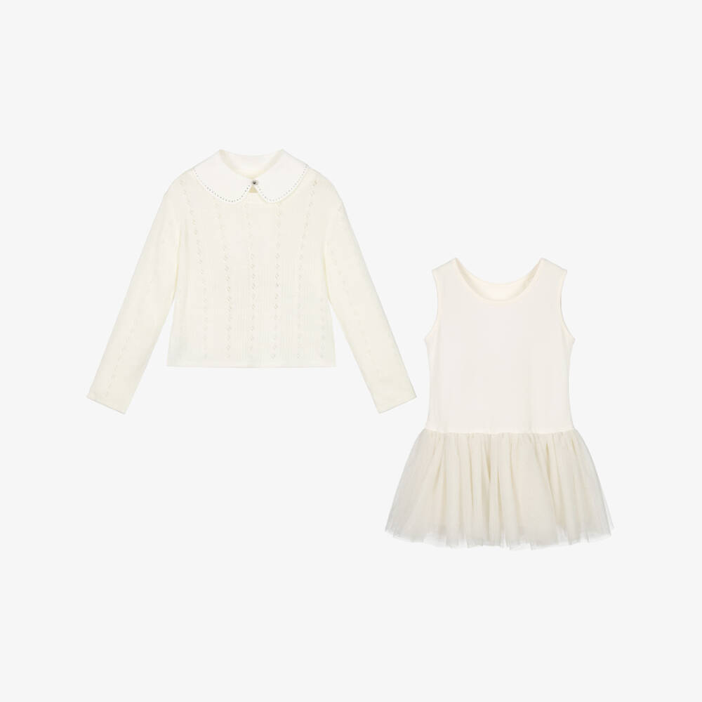 Lapin House-Girls Ivory Glittery Tulle Dress & Sweater Set | Childrensalon
