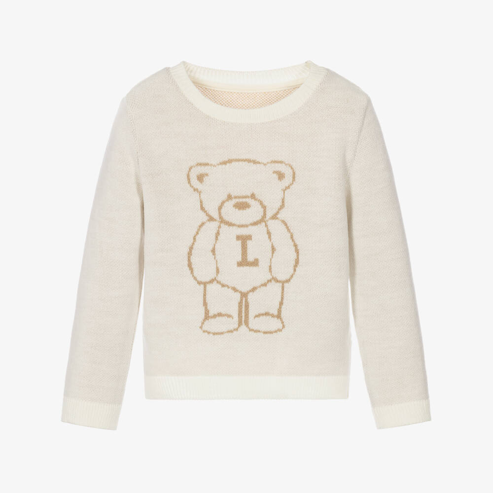 Lapin House-Girls Ivory & Gold Bear Jumper | Childrensalon