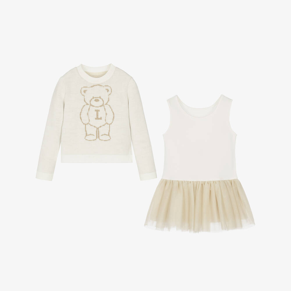 Lapin House-Girls Ivory Jersey & Beige Tulle Teddy Dress Set | Childrensalon