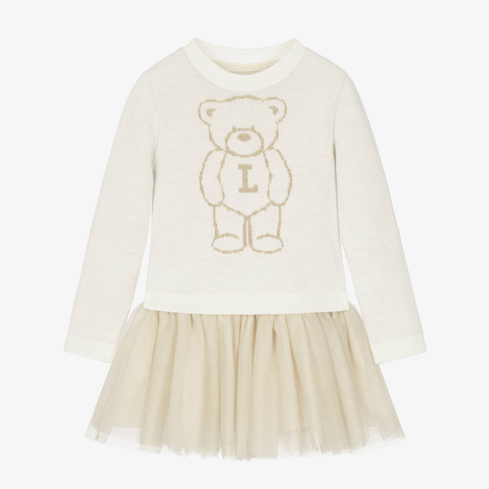 Lapin House-Girls Ivory Jersey & Beige Tulle Teddy Dress Set | Childrensalon
