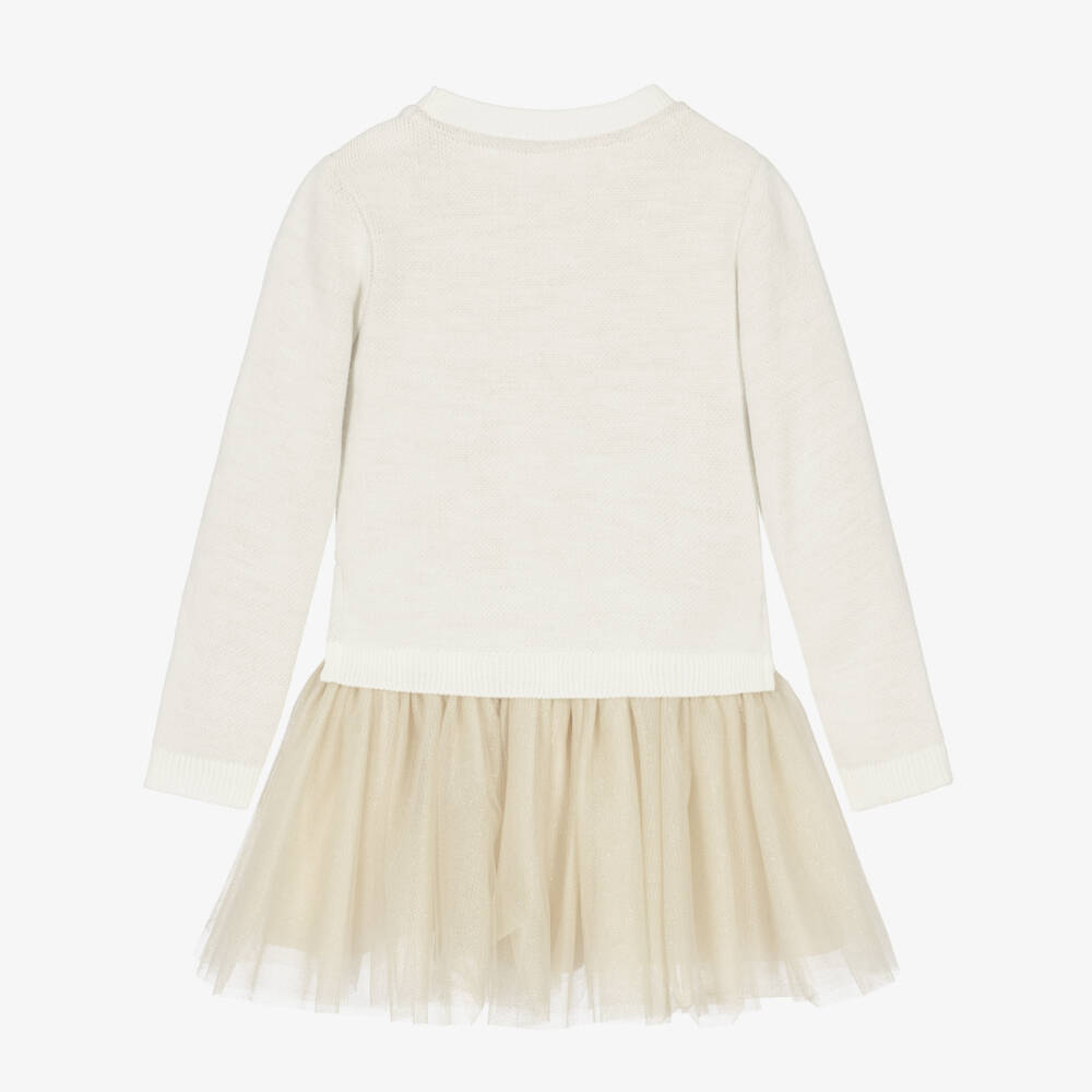 Lapin House-Girls Ivory Jersey & Beige Tulle Teddy Dress Set | Childrensalon