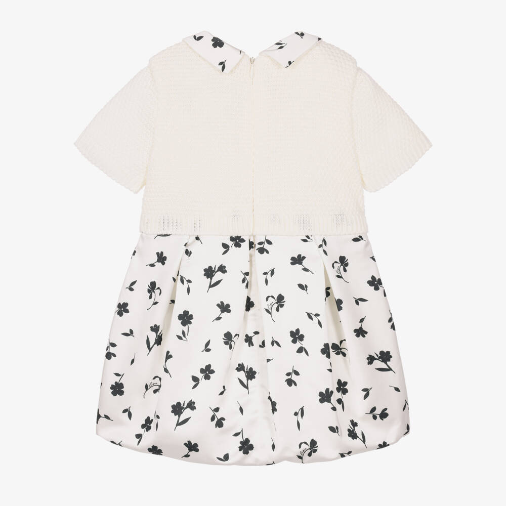 Lapin House-Girls Ivory Knit & Floral Print Satin Dress | Childrensalon