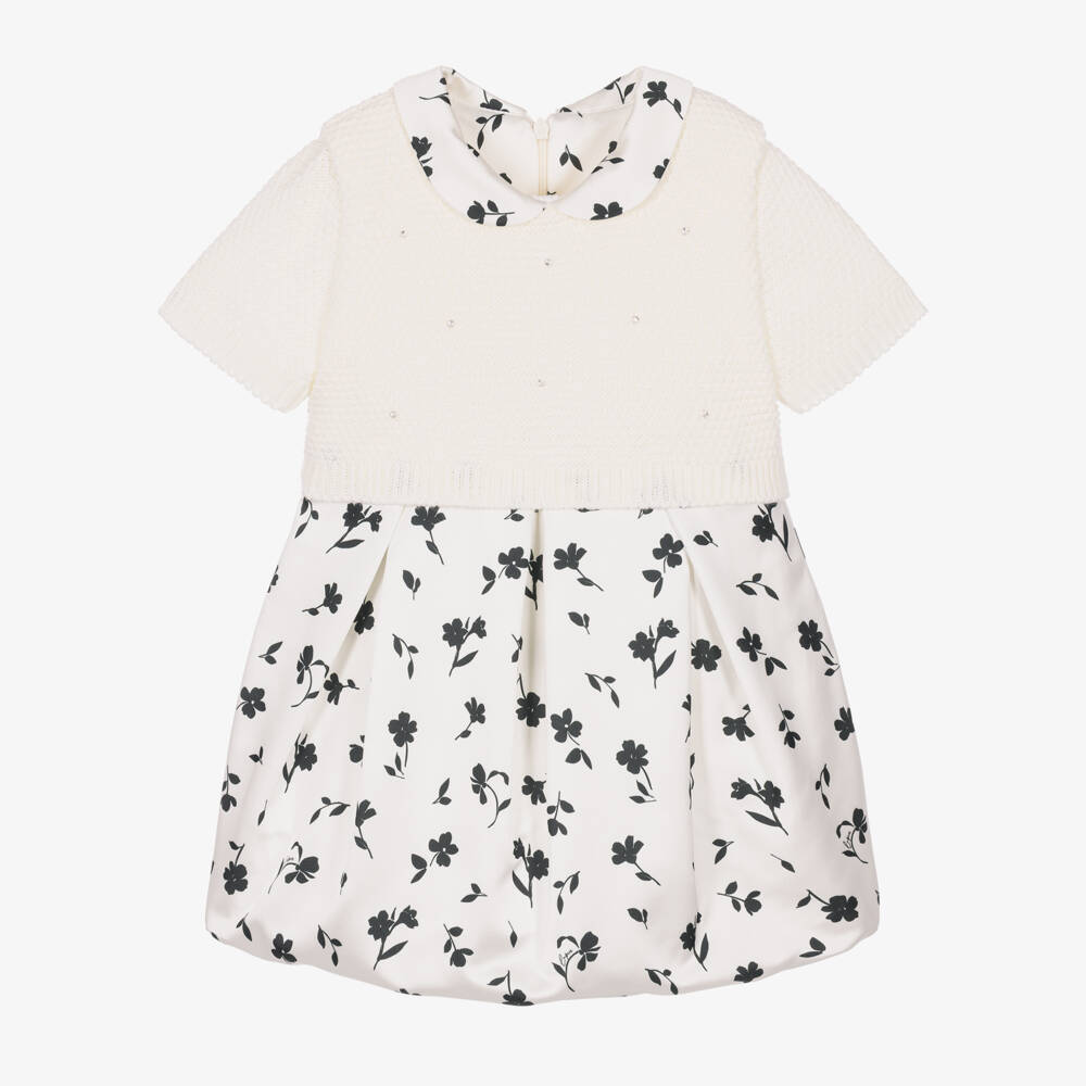 Lapin House-Girls Ivory Knit & Floral Print Satin Dress | Childrensalon