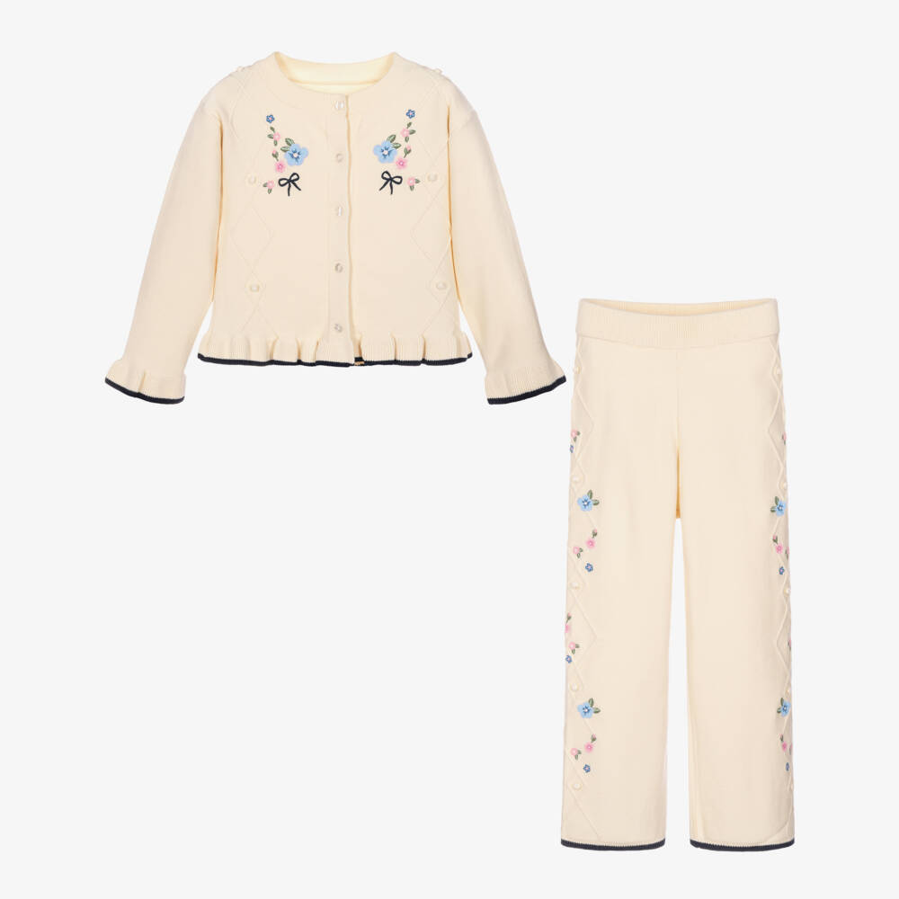 Lapin House-Girls Ivory Knitted Trouser Set with Floral Embroidery | Childrensalon