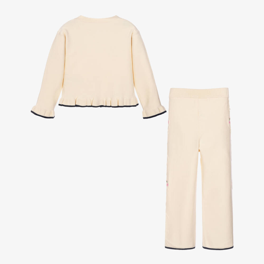 Lapin House-Girls Ivory Knitted Trouser Set with Floral Embroidery | Childrensalon