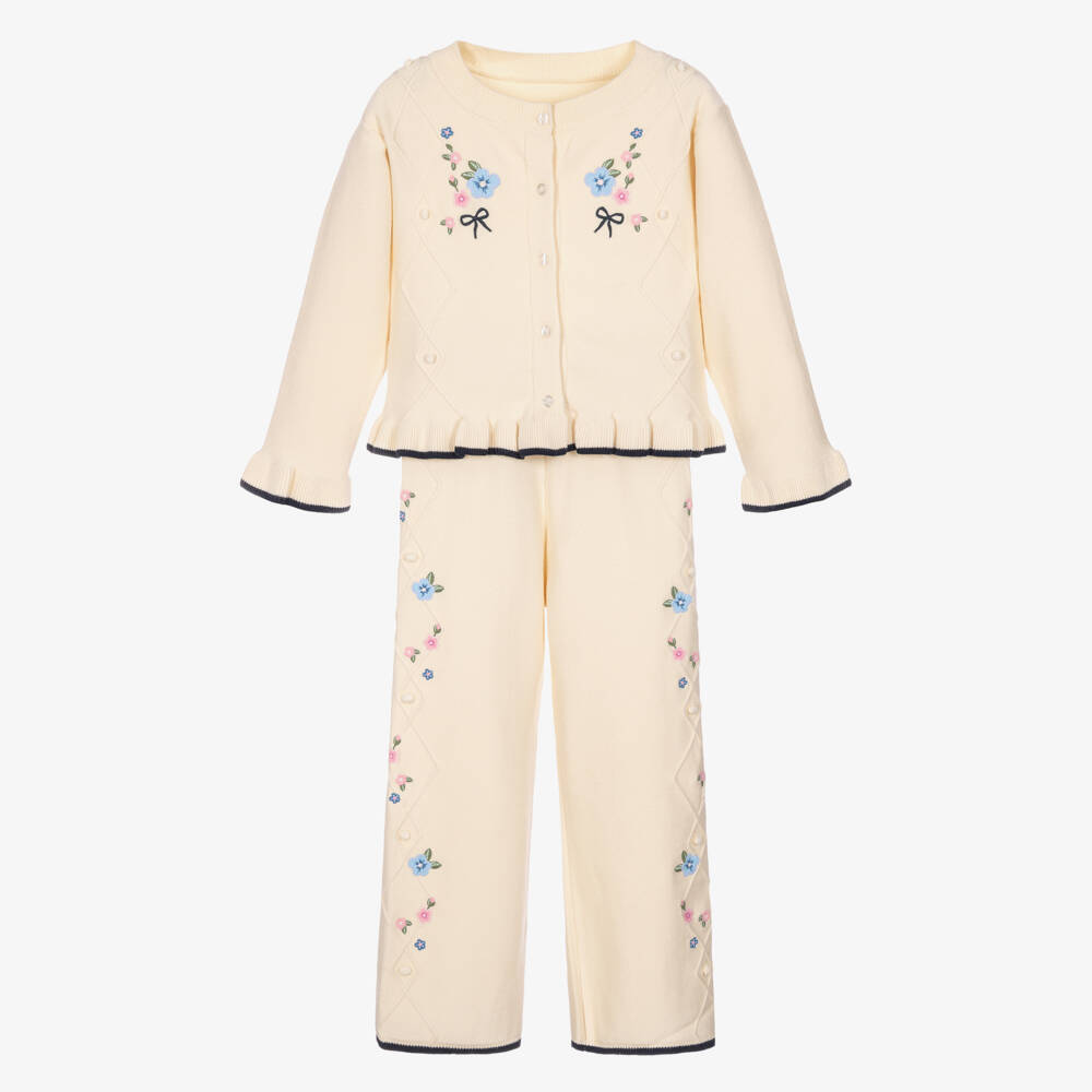 Lapin House-Girls Ivory Knitted Trouser Set with Floral Embroidery | Childrensalon