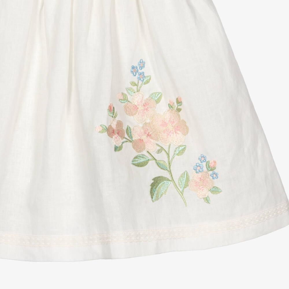 Lapin House-Girls Ivory Linen Dress with Lace & Floral Embroidery | Childrensalon