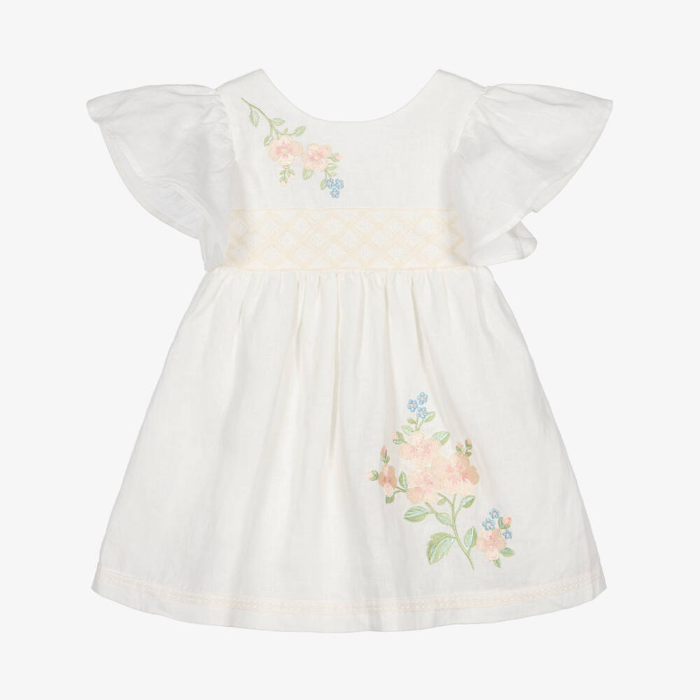 Lapin House-Girls Ivory Linen Dress with Lace & Floral Embroidery | Childrensalon