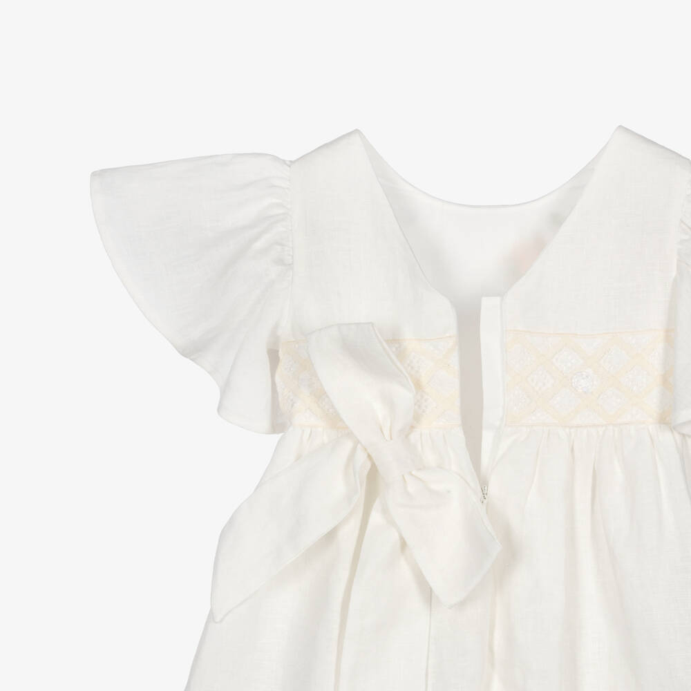 Lapin House-Girls Ivory Linen Dress with Lace & Floral Embroidery | Childrensalon