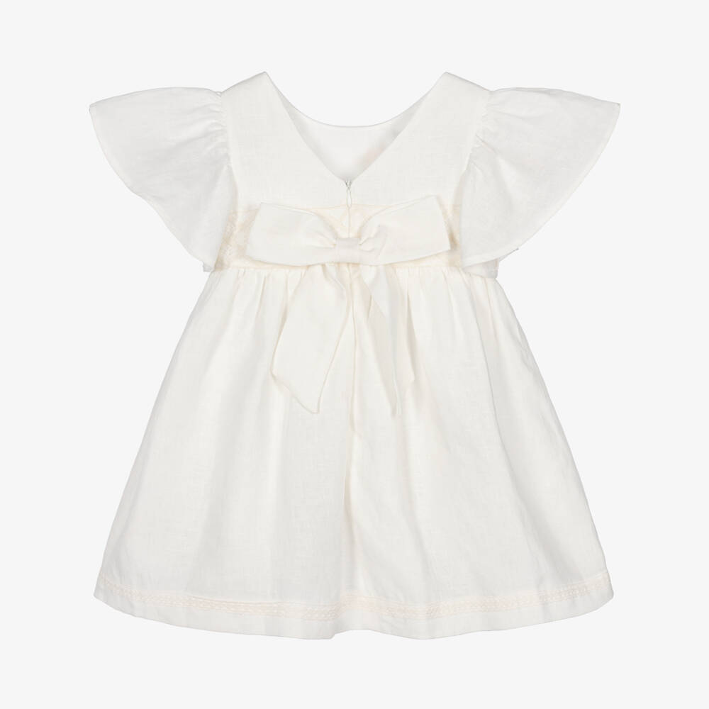 Lapin House-Girls Ivory Linen Dress with Lace & Floral Embroidery | Childrensalon