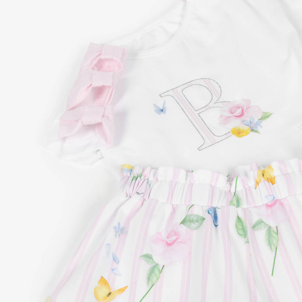 Lapin House-Girls Ivory & Pink Logo Floral Top & Shorts Set | Childrensalon