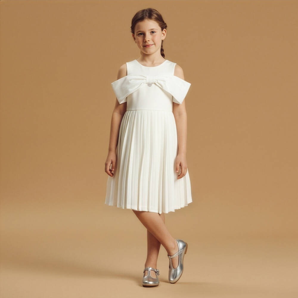 Lapin House-Girls Ivory Pleated Jersey Dress with Satin Bow | Childrensalon