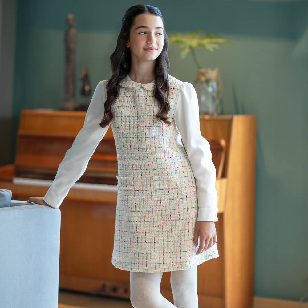 Lapin House-Girls Ivory Sequinned Tweed Dress | Childrensalon