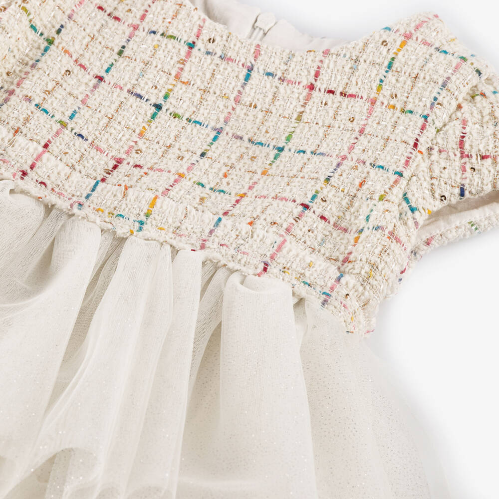 Lapin House-Girls Ivory Sequinned Tweed & Glittery Tiered Tulle Dress | Childrensalon
