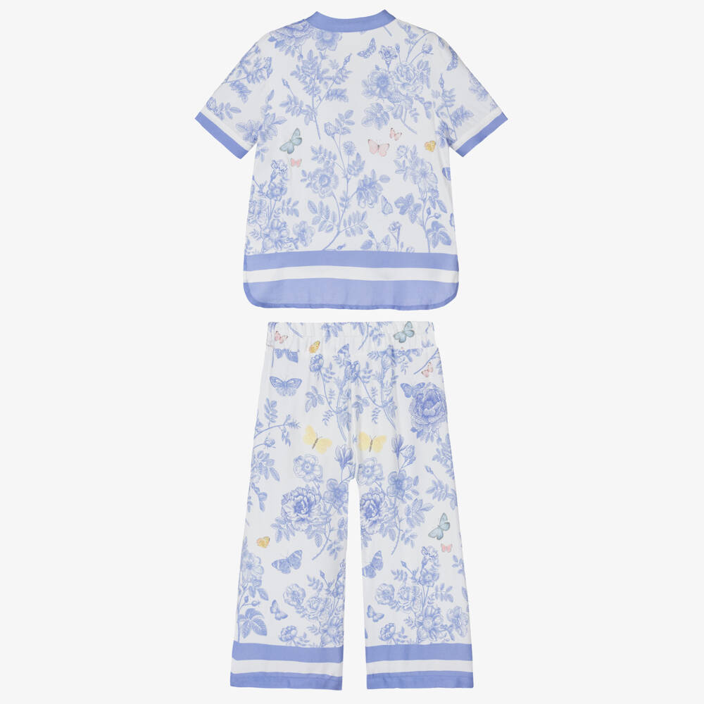 Lapin House-Girls Ivory Trouser Set with Blue Floral Pattern | Childrensalon