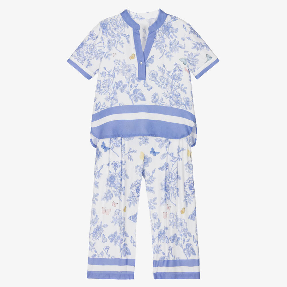 Lapin House-Girls Ivory Trouser Set with Blue Floral Pattern | Childrensalon
