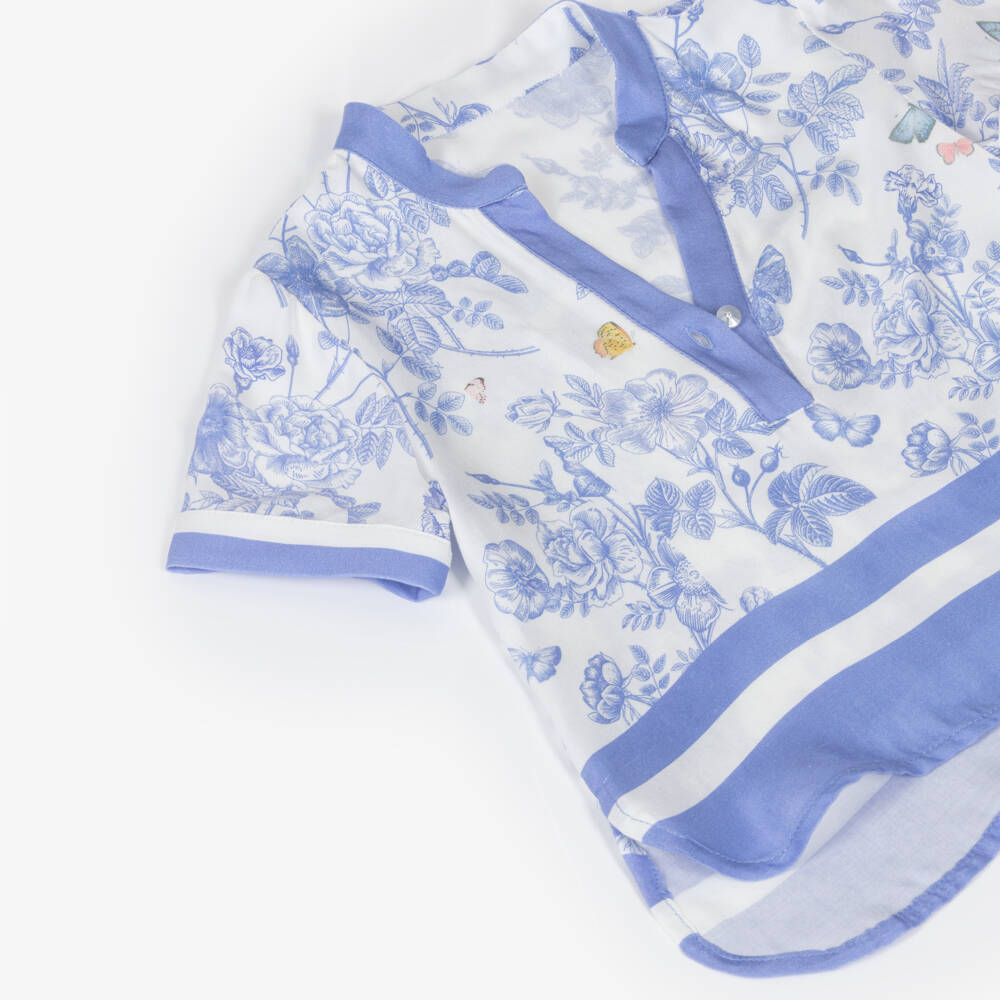 Lapin House-Girls Ivory Trouser Set with Blue Floral Pattern | Childrensalon