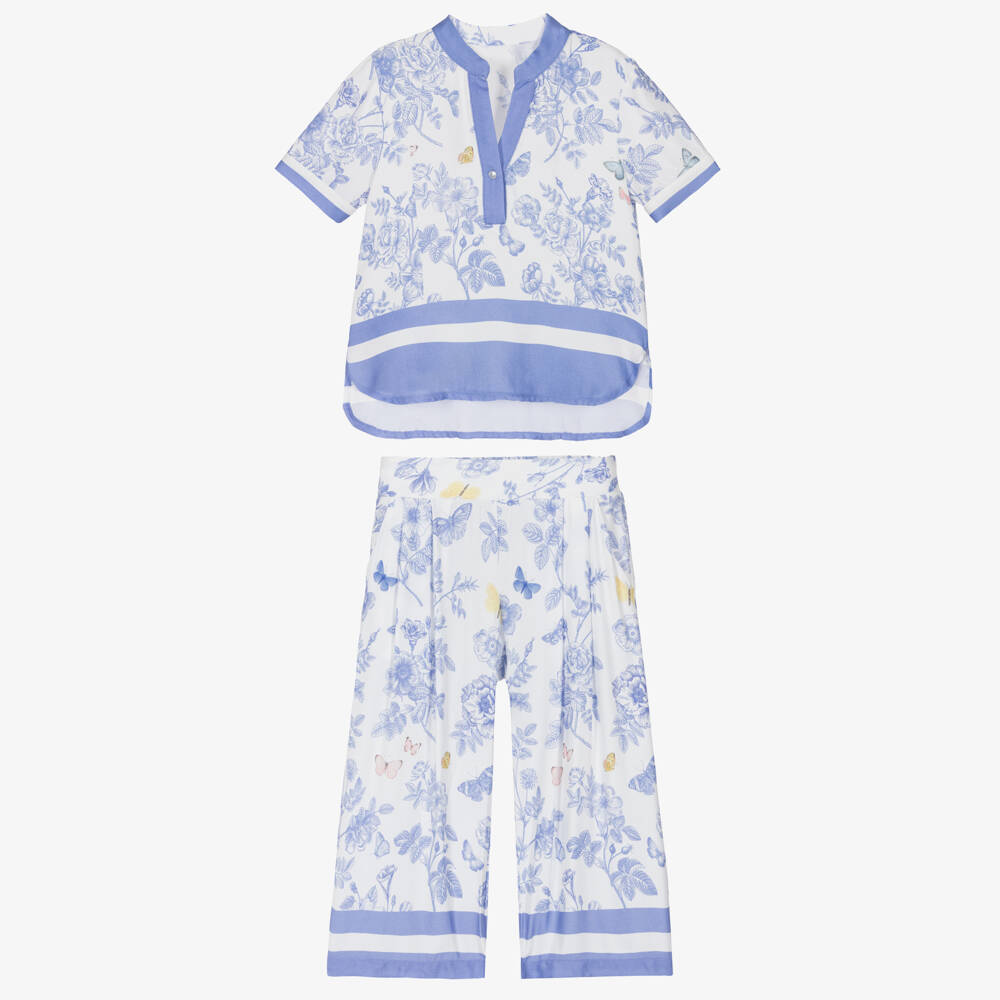 Lapin House-Girls Ivory Trouser Set with Blue Floral Pattern | Childrensalon