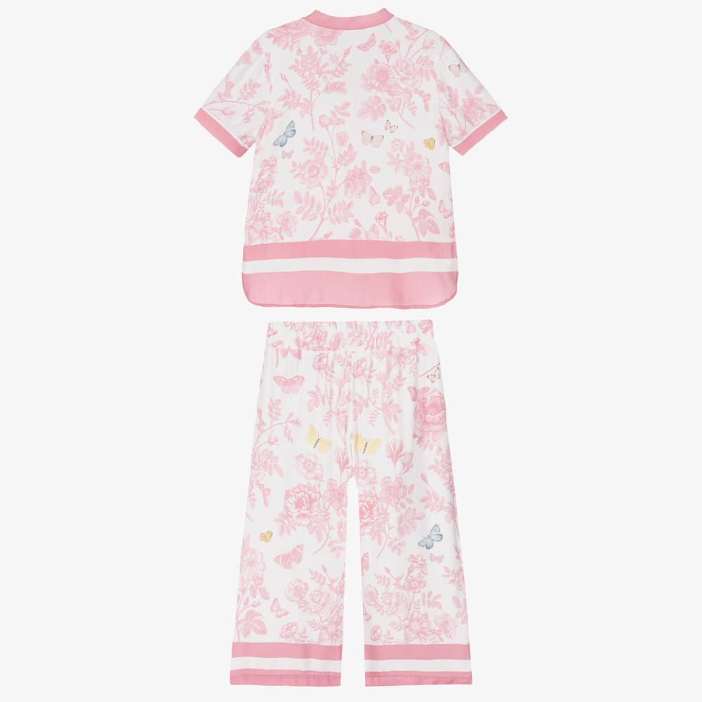 Lapin House-Girls Ivory Trouser Set with Pink Floral Pattern | Childrensalon