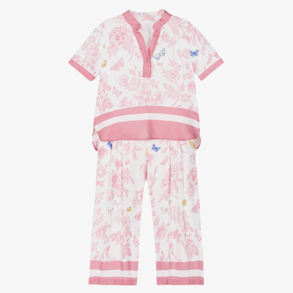 Lapin House-Girls Ivory Trouser Set with Pink Floral Pattern | Childrensalon