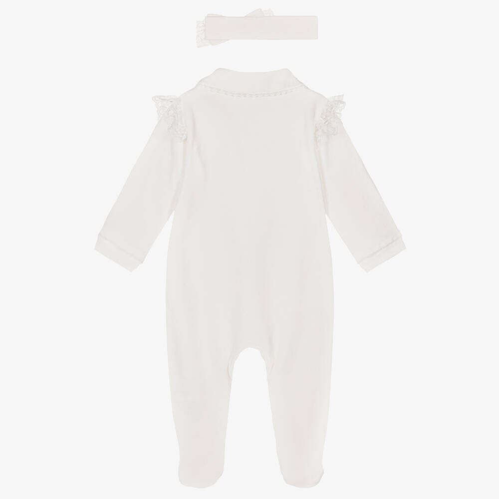 Lapin House-Girls Ivory Velour Babygrow & Headband Set with Glitter Bows | Childrensalon