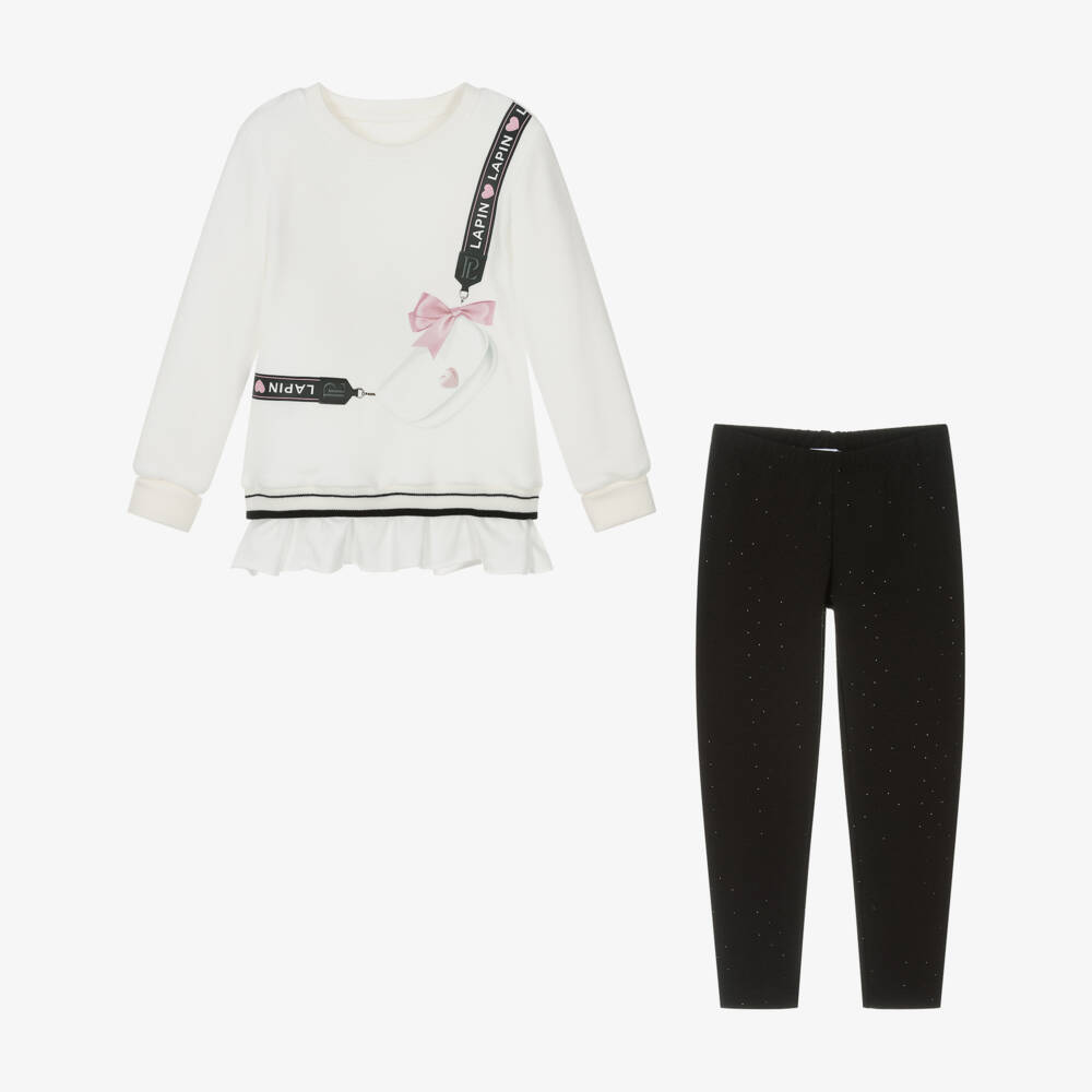 Lapin House-Girls Ivory Velour Top & Black Leggings Set | Childrensalon