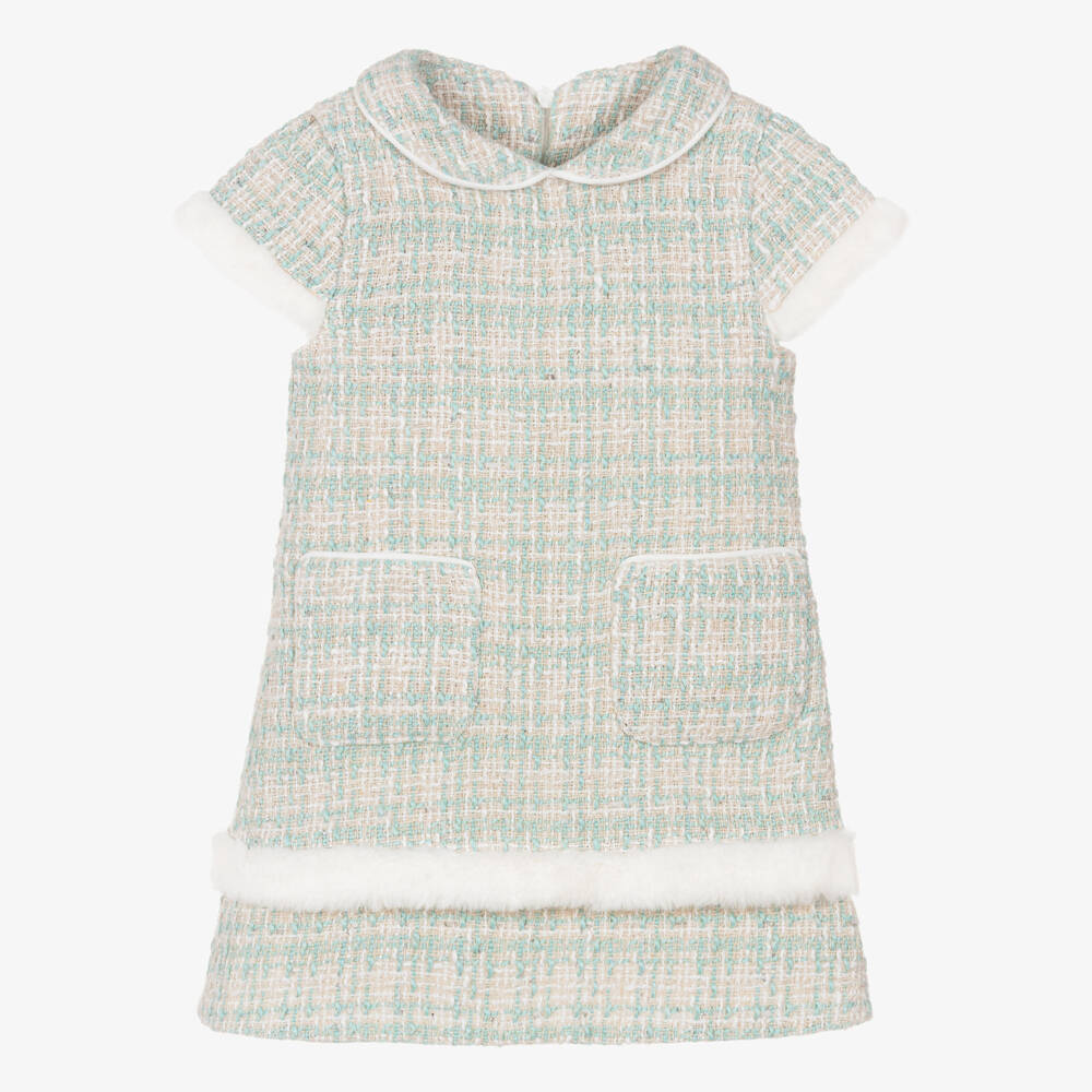 Lapin House-Girls Mint Green Tweed Dress with Faux Fur Trim | Childrensalon