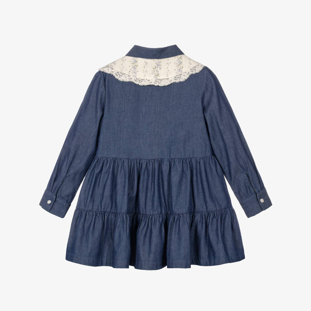 Lapin House-Girls Navy Blue Chambray Dress with Floral Collar | Childrensalon