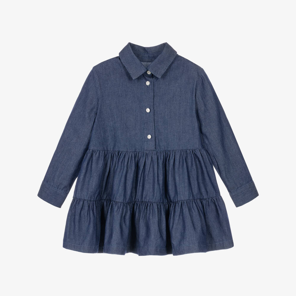 Lapin House-Girls Navy Blue Chambray Dress with Floral Collar | Childrensalon