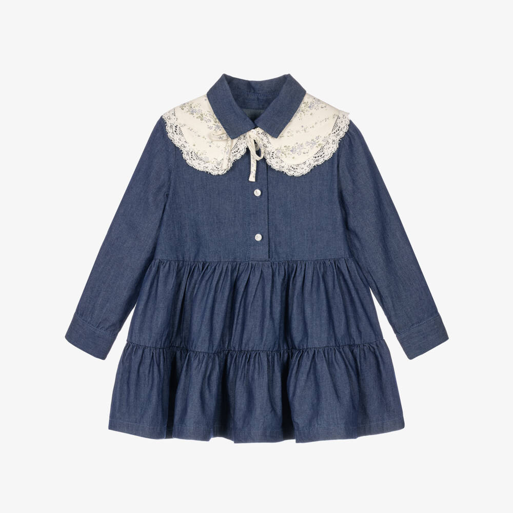 Lapin House-Girls Navy Blue Chambray Dress with Floral Collar | Childrensalon