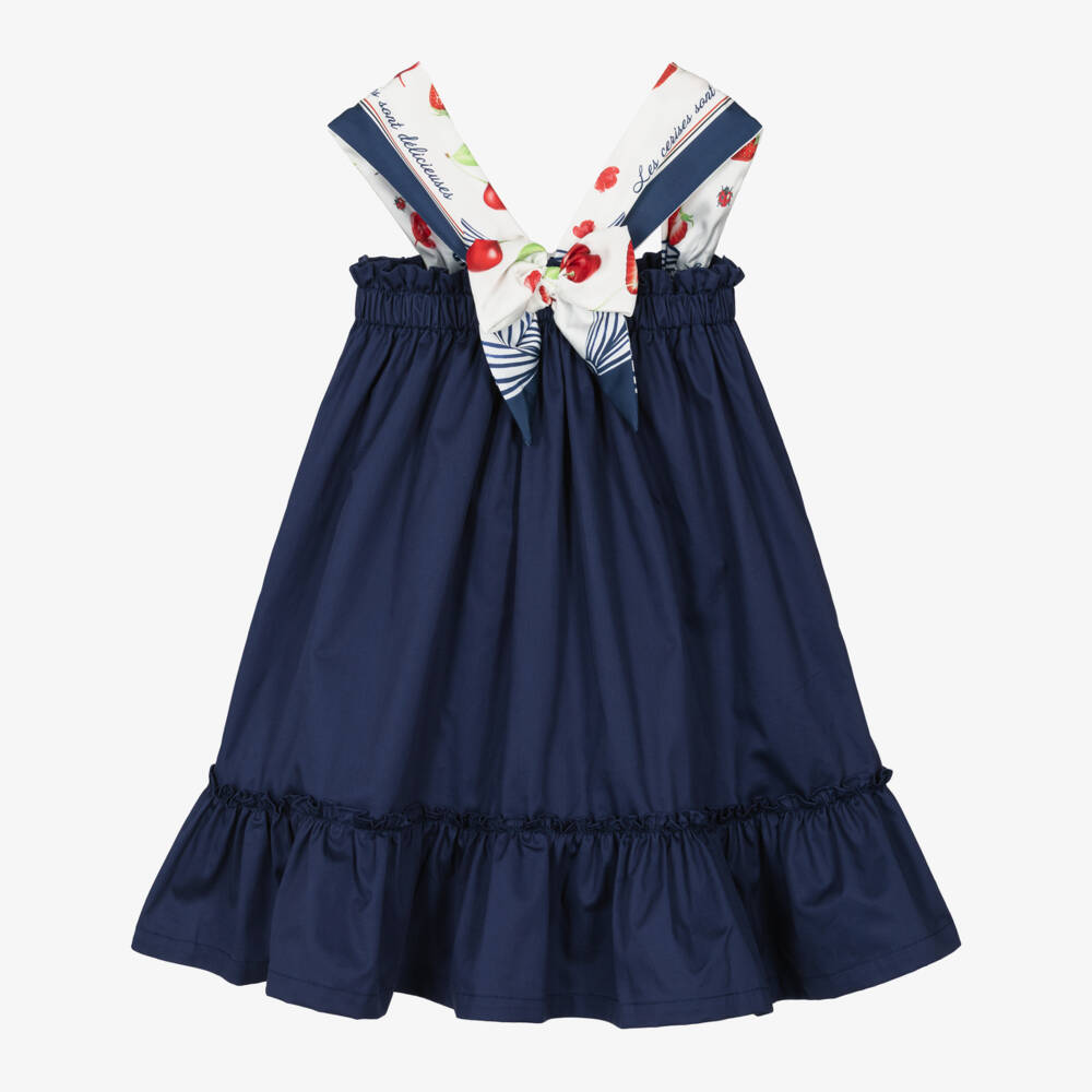 Lapin House-Girls Navy Blue Cotton Dress with Silky Fruit Print Straps | Childrensalon