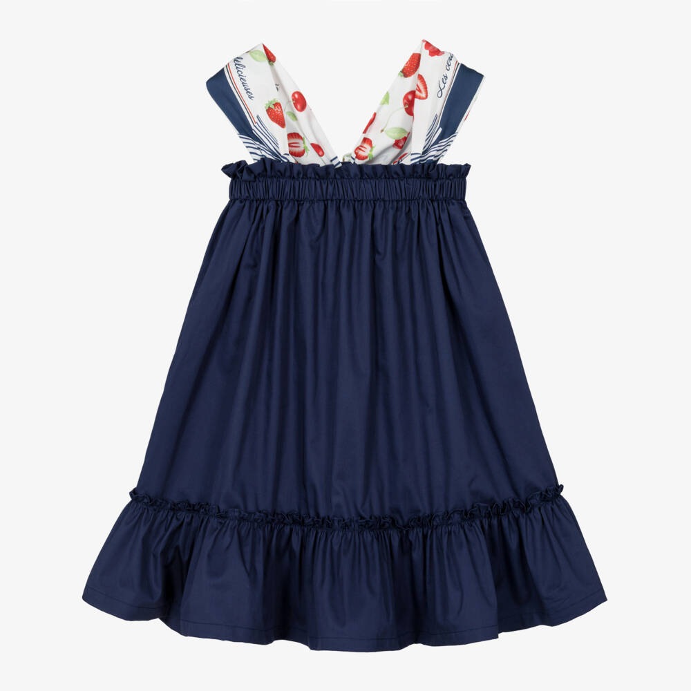 Lapin House-Girls Navy Blue Cotton Dress with Silky Fruit Print Straps | Childrensalon